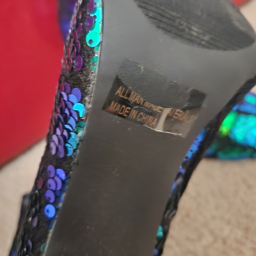 Qupid Iridescent Sequin Peep-Toe Heeled Booties - Blue Green - Picture 5 of 5